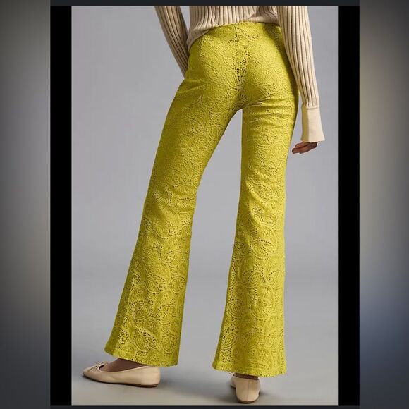NWT Anthropologie Flared Lace Pants Size 2 Lined Green Yellow - Picture 2 of 13